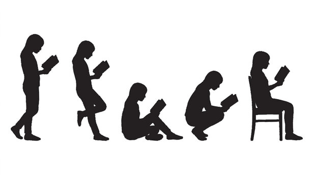 Minimal girl reading book silhouettes with seated side view poses vector illustration set