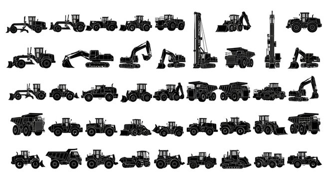 Tractors and construction vehicles silhouettes.