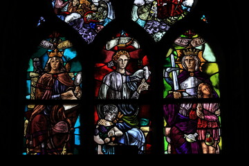 Obraz premium De Krijtberg Church Stained Glass Window Detail Depicting Women Representing Knowledge, Peace and Justice in Amsterdam, Netherlands