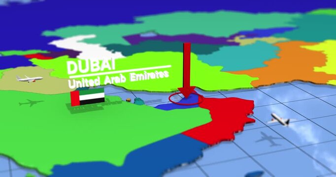 Dubai united arab emirates map location pin flag reveal