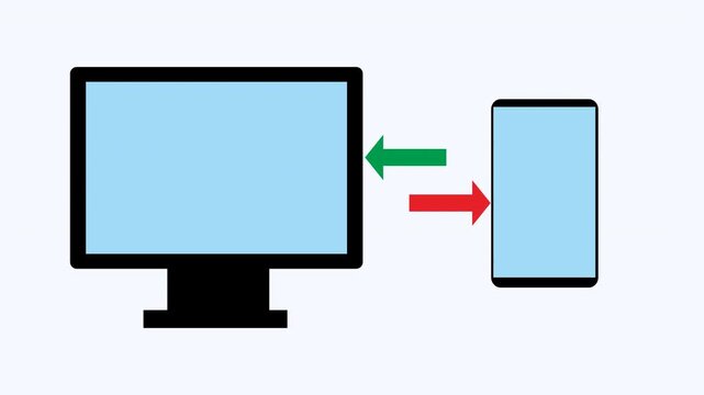 Data transfer shown between computer monitor and smartphone. Suitable for technology blogs, communication concepts, digital innovation, and virtual collaboration visuals.
