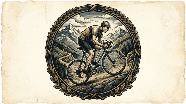 Cyclist ascending mountain road vintage illustration
