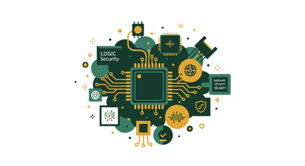 Obraz premium Cybersecurity Hardware and Logic Security Illustration - Stylized Flat Vector Microchip Processor with Digital Protection and Data Privacy Icons on White Background