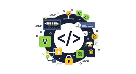Fototapeta premium Software Development and Programming Flat Vector Illustration with Coding Tags, Security Lock, and Debugging Icons for Web Design and Tech Concepts