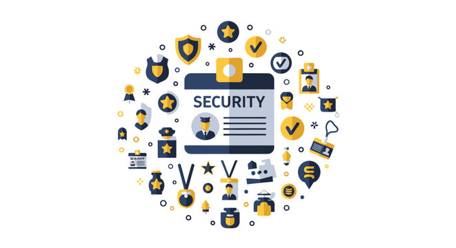 Security and Identification Icon Collection with ID Badges, Shields, and Verification Symbols in Flat Design Style