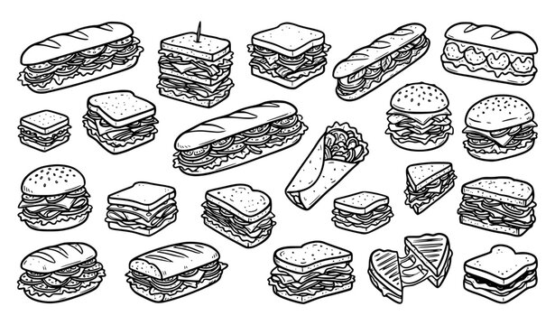 Hand drawn sandwich doodle icon set submarine subs food menu illustration minimal line art restaurant vector isolated on white