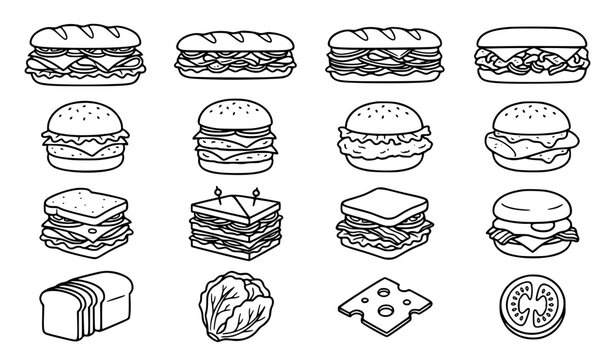 Minimal sandwich line icon set submarine food symbols clean outline vector for menu design and restaurant branding