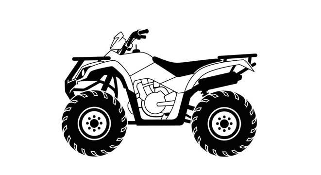 Black and white illustration of an all-terrain vehicle (ATV) on a white background.