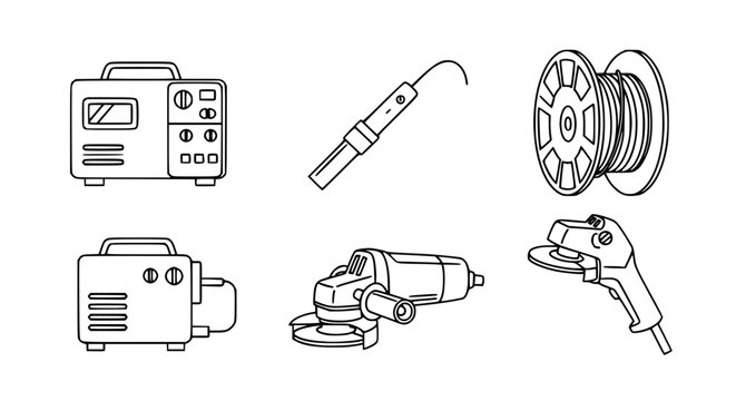 Set of professional industrial tools featuring portable welding machine angle grinder electrode holder and wire spool icons in minimalist thin line vector style for workshops.