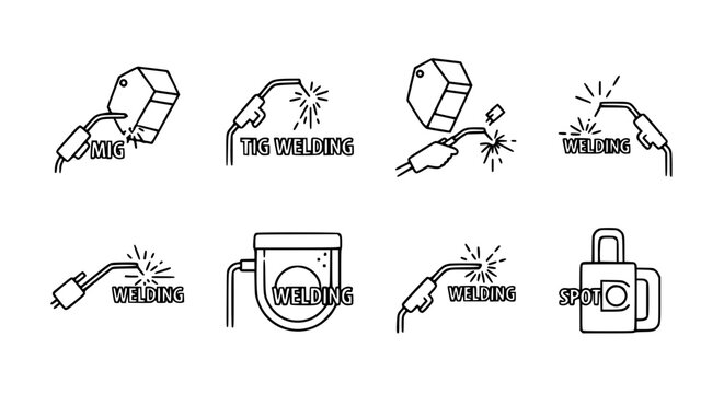 Set of professional welding icons featuring MIG and TIG processes welding masks sparks and industrial equipment in minimalist thin line vector style for fabrication.
