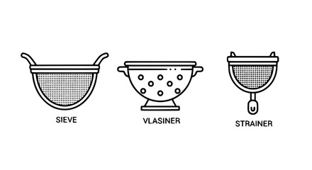 Set of kitchen utensils featuring a fine mesh sieve a colander and a tea strainer icon in thin line vector style for food preparation. © Sujon Shah