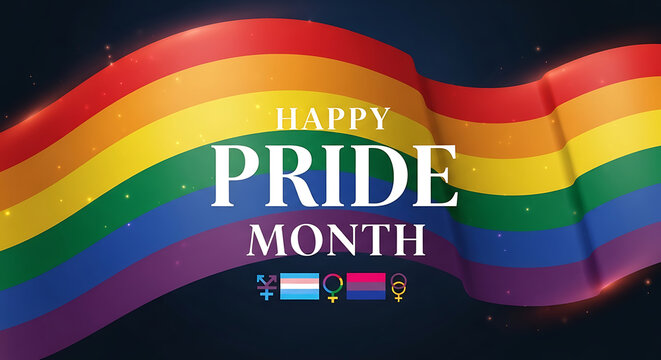 Happy pride month celebration background with rainbow flag and symbols