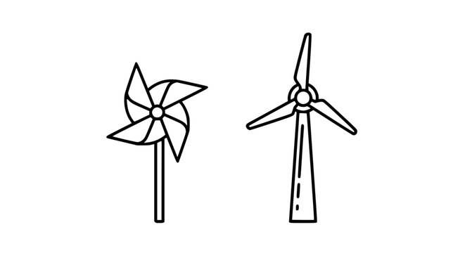 Comparison of toy pinwheel and industrial wind turbine icons representing renewable energy evolution and wind power technology in thin line vector style.