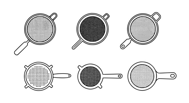 Collection of kitchen sieve and mesh strainer icons in thin line vector style featuring various handle designs and mesh densities for cooking and food preparation.