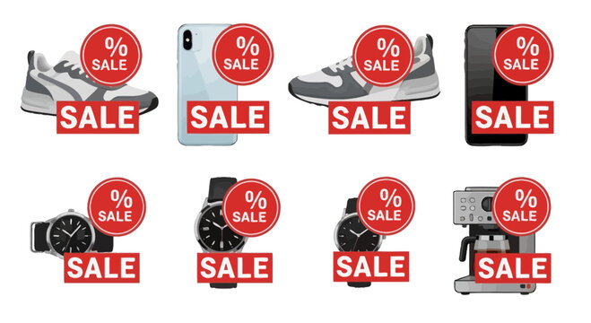 Sale items shoes phones watches and coffee machine on white background