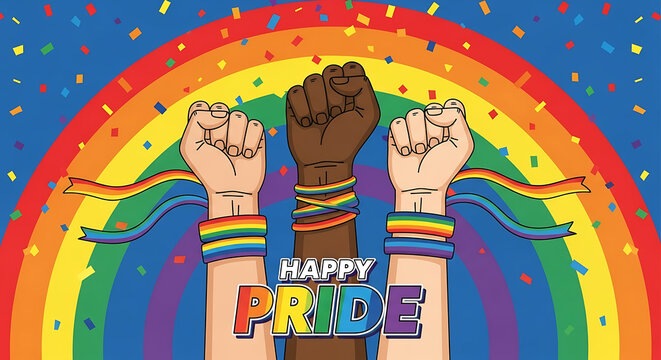 Happy pride month illustration with raised fists and rainbow ribbons