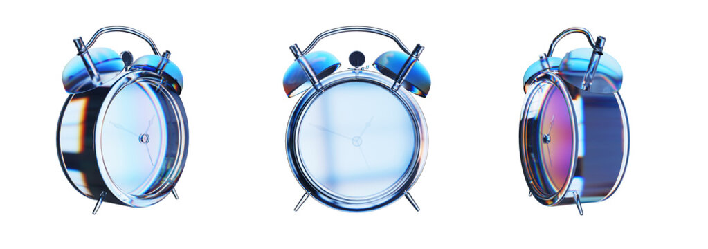 Set of 3d transparent glossy clock with dispersion effect. Rainbow colors reflection glass. 3d glass alarm with crystal dispersion effect. Abstract empty glassy alarm clock with prism holographic
