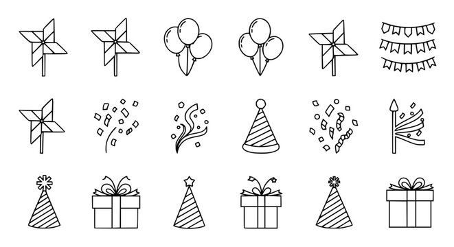 Birthday and party celebration line icon set featuring festive balloons, gift boxes, party hats, confetti, pinwheels, and bunting garlands for holiday events vector illustration.