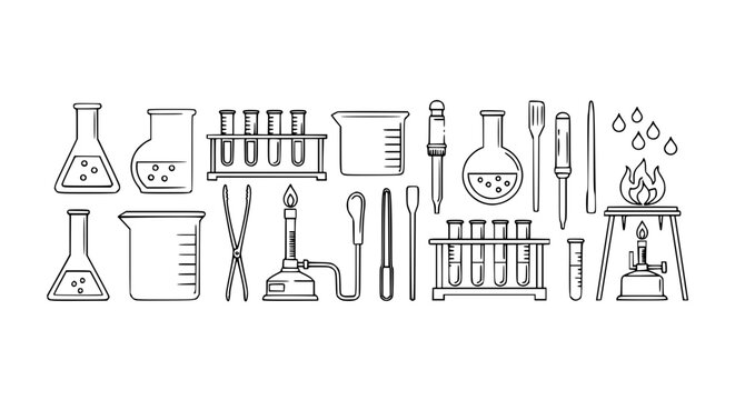 Collection of chemistry laboratory glassware and equipment featuring beakers, flasks, test tubes in racks, bunsen burners, and pipettes for scientific research and education vector illustration.