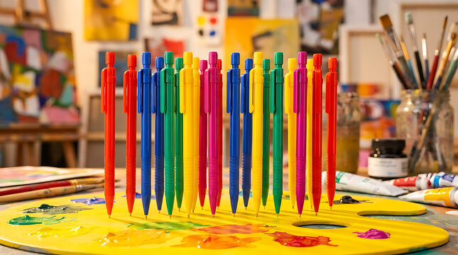 A vibrant collection of colorful mechanical pencils arranged on a paint-splattered art surface, perfect for creative endeavors and art supplies.