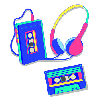 Retro Portable Music Icons Set, Walkman Cassette Player Headphones Vector, 80s 90s Audio Collection
