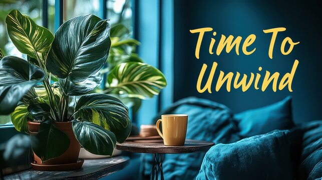 Relaxing room with plants, coffee, and "Time To Unwind" text.