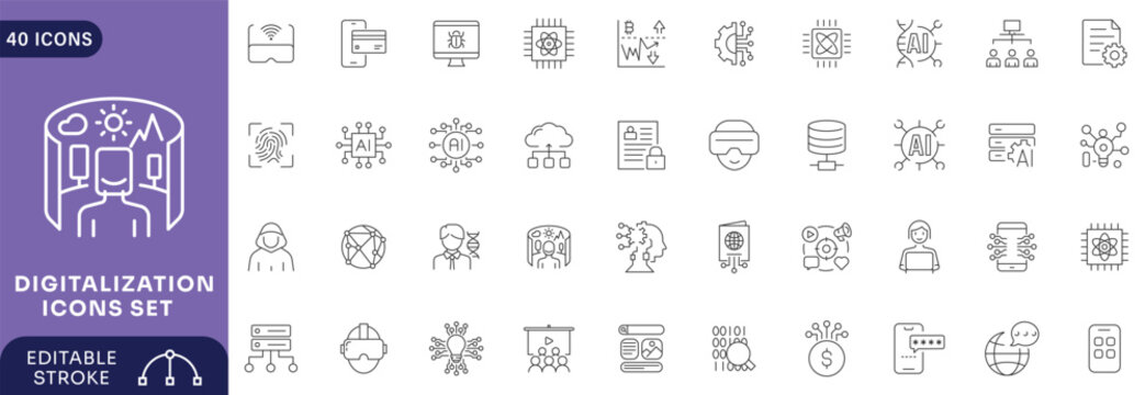 Digitalization icons set. Containing digital tech, digitalizing, virtual data embedded system, setting, technology. Editable stroke.