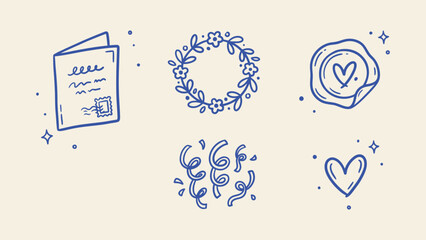 Hand-drawn blue doodle icons including a card, floral wreath, wax seal, confetti, and heart. Ideal for wedding invitations and romantic greeting cards © Zyariss