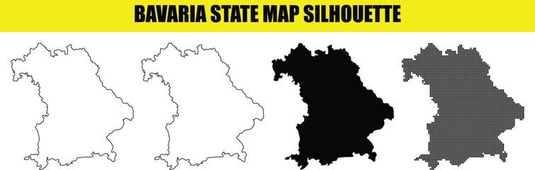 Bavaria state map silhouette icon collection featuring solid black outline contour and dot pattern shapes isolated on transparent background design element. © Md Asif Shahnaoaz