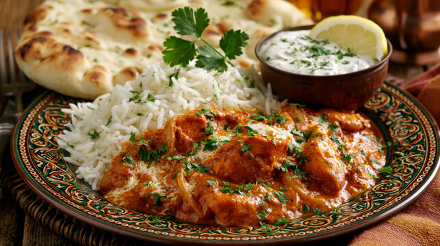 Indian curry, chicken tikka masala with rice and naan bread