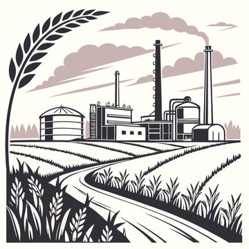 vector illustration of farmland and industrial complex with grain stalks