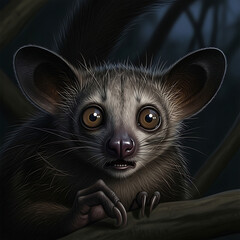 Fototapeta premium Close-up of a wide-eyed aye-aye primate with large ears in a forest