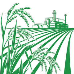 Paddy field illustration with industrial buildings green vector graphic high quality © www