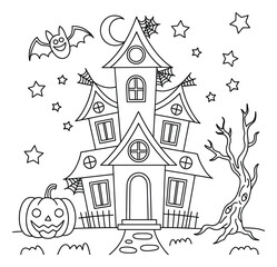 Fototapeta premium Spooky Haunted House with Bat, Pumpkin, and Stars Halloween Coloring Page