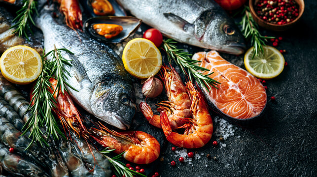 Fresh fish and seafood assortment on black slate background