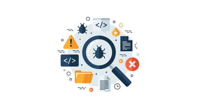 Software Debugging and Bug Tracking Flat Illustration for IT Development and System Security Analysis