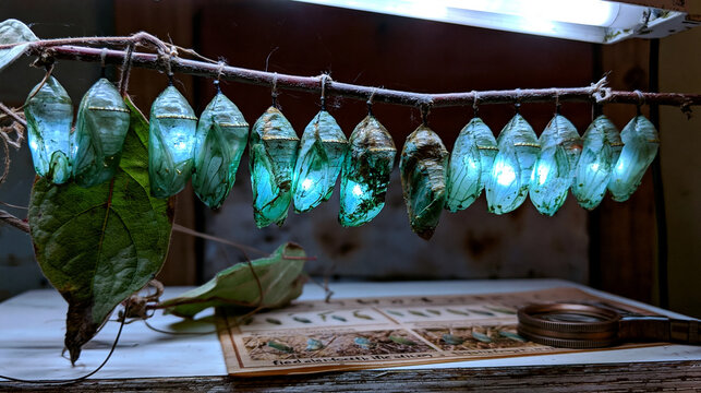 Empty chrysalis casings hang in a row on a restoration nursery twig under cool fluorescent lab light, a magnifying loupe resting beside a field identification chart on a white-topped table, perfect 