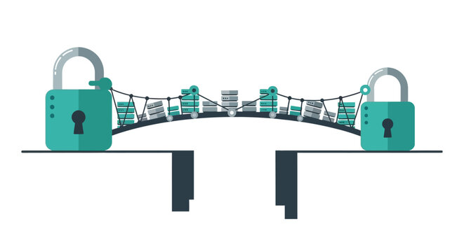 Cyber Security Concept Illustration of a Secure Bridge with Padlocks and Data Servers for Protected Information Transfer and Network Privacy
