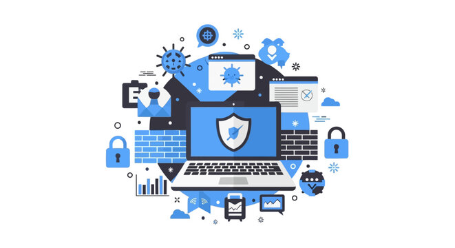 Cybersecurity Data Protection and Network Privacy Flat Vector Illustration with Laptop and Shield
