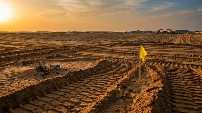 Construction Site on a Sandy Landscape with Heavy Machinery and Flag