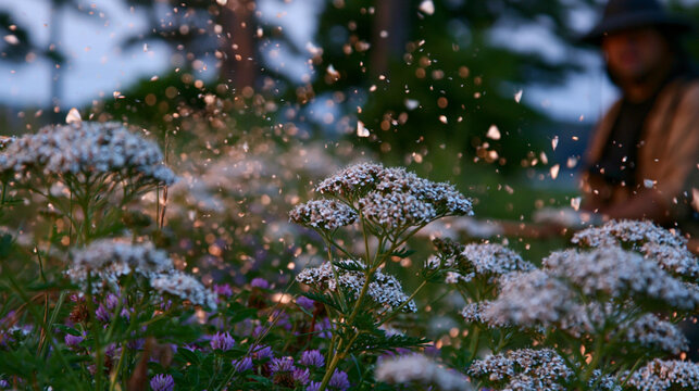Thousands of cabbage white butterflies lift simultaneously from a restored meadow edge at sunrise, the mass forming a soft white haze above blooming yarrow and clover, a field technician counting at