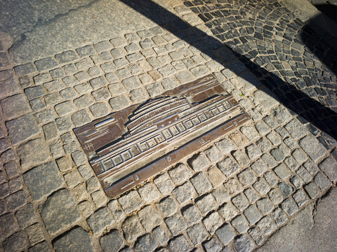 Wroclaw, Poland, 24th April 2026, centennial hall history plaques in floor on Plak Nankiera