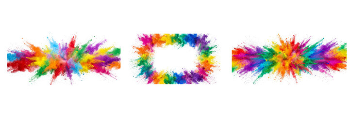 Fototapeta premium Colorful powder explosions in rainbow hues on white background transparent background
