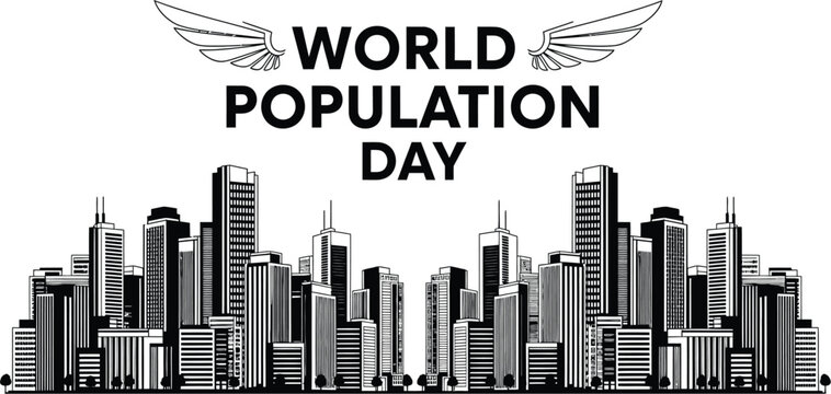 World Population Day banner with city skyline silhouette wings graphic black and white minimalist urban landscape vector illustration for global awareness campaign