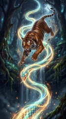 Obraz premium Tiger leaping with glowing serpent in enchanted forest waterfall