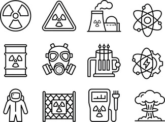 Fototapeta premium Radiation & Nuclear Energy Line Icons Set – Hazard, Atomic Power, Toxic Waste Outline Vector Collection