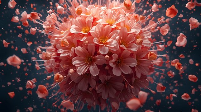 A vibrant pink cherry blossom explosion occurs in a dark environment with many flowers and petals flying everywhere