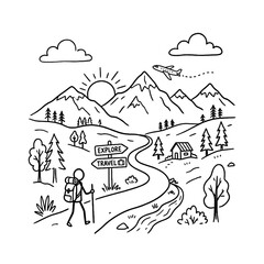 Naklejka premium Outdoor Adventure Landscape with Hiker Road and Mountain Range Line Art