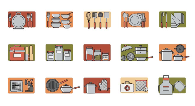 Flat lay kitchen utensils and cooking tools on colorful rectangles