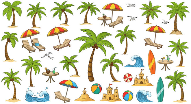 Colorful beach icons and symbols.